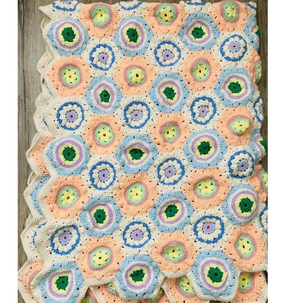 Afghan Blanket Hexagon Granny Square Crochet Fall Pastel Peach Lavendar Blue Pin